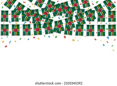 Dominica flag garland white background with confetti, Hang bunting for Dominica Independence Day celebration template banner, Vector illustration