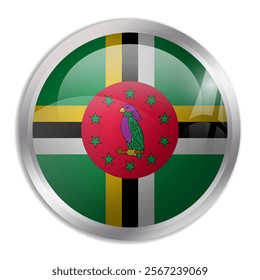 Dominica flag - glossy circle button displays a colorful flag representing a country cultural identity and heritage. The essence of national pride and unity.