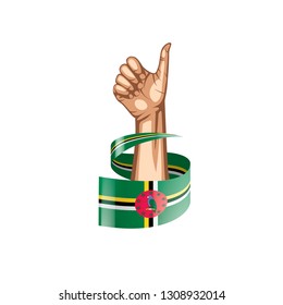 Dominica flag and hand on white background. Vector illustration