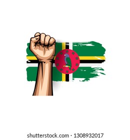 Dominica flag and hand on white background. Vector illustration