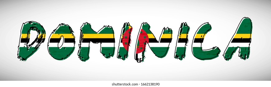 Dominica flag on text typography. Country name banner strip. Creative typography background.