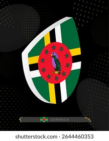 Dominica Flag Shield icon in 3D on Dark Modern Abstract Rugby Background. Perfect for sports events, heritage themes, national celebrations, and patriotic designs.