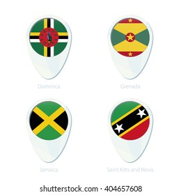 Dominica, Grenada, Jamaica, Saint Kitis and Nevis flag location map pin icon. Dominica Flag, Grenada Flag, Jamaica Flag, Saint Kitis and Nevis Flag. Vector Illustration.