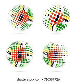 Dominica halftone flag set patriotic vector design. 3D halftone sphere in Dominica national flag colors isolated on white background.