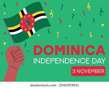 dominica independence day 3 November, dominica flag in hand. Greeting card, poster, banner template	