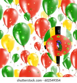 Dominica Independence Day Seamless Pattern. Flying Rubber Balloons in Colors of the Dominican Flag. Happy Dominica Day Patriotic Card with Balloons, Stars and Sparkles.