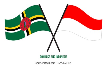 Dominica and Indonesia Flags Crossed And Waving Flat Style. Official Proportion. Correct Colors.