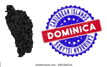 Dominica Island map polygonal mesh with filled triangles, and rubber bicolor stamp print. Triangle mosaic Dominica Island map with mesh vector model, triangles have variable sizes, and positions,