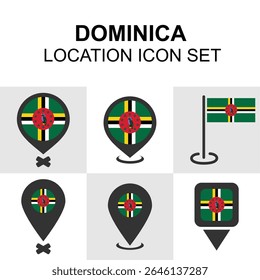 Dominica location icon collection showcasing the flag in various pin and map styles for use in travel, geography, and cultural design.