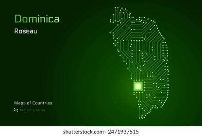 Dominica Map with a capital of Roseau Shown in a Microchip Pattern with processor. E-government. World Countries vector maps. Microchip Series	