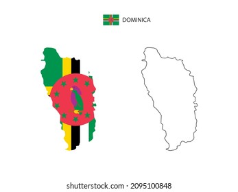 Dominica map city vector divided by outline simplicity style. Have 2 versions, black thin line version and color of country flag version. Both map were on the white background.
