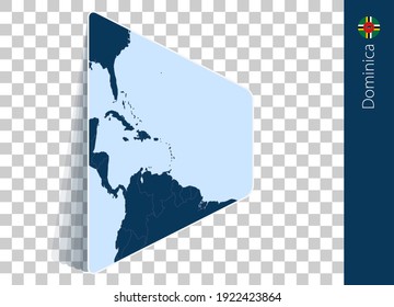 Dominica Karte und Flagge auf transparentem Hintergrund. Dominica auf der blauen Vektorkarte hervorgehoben.