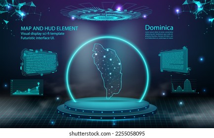 dominica map light connecting effect background. abstract digital technology UI, GUI, futuristic HUD Virtual Interface with dominica map. Stage futuristic podium in fog.