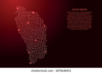 Dominica map from red pattern of the maze grid and glowing space stars grid. Vector illustration.