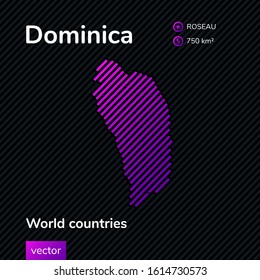 Dominica map. Stylized texture flat map of Dominica in black and pink, violet color on striped background
