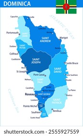 Dominica Map Vector Blue Spot - Customizable layered political map of Dominica with administrative divisions for website, education, reports, news, politics, print, poster and wallpaper