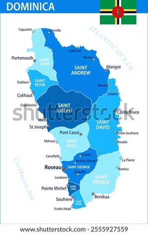 Dominica Map Vector Blue Spot - Customizable layered political map of Dominica with administrative divisions for website, education, reports, news, politics, print, poster and wallpaper