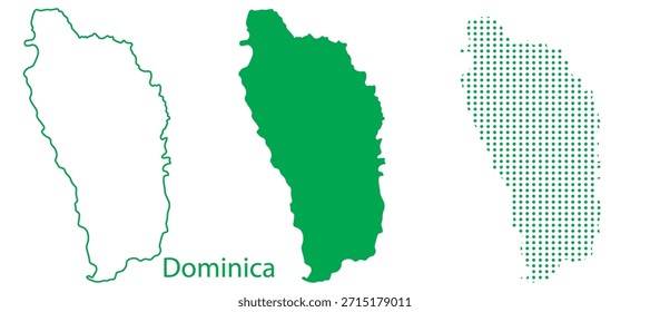 Conjunto de Vector de mapa de Dominica, Silueta de contorno del Caribe Formas verdes punteadas, Dominica Plantilla de infografía de Country, EPS editable Dominica Geografía