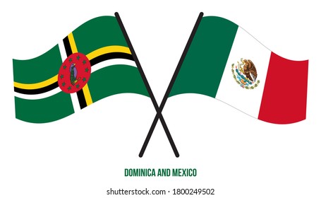 Dominica and Mexico Flags Crossed And Waving Flat Style. Official Proportion. Correct Colors.