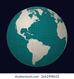 Dominica en el mapa. Globo centrado en Dominica. Ubicación de Country en el mapa mundial. Paleta de colores Teal Pale Mint. Globo con países, meridianos y paralelos. Elegante Ilustración vectorial.