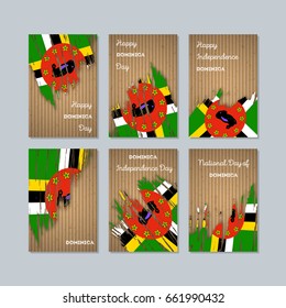 Dominica Patriotic Cards for National Day. Expressive Brush Stroke in Flag Colors on kraft paper background. Vector Greeting Card.