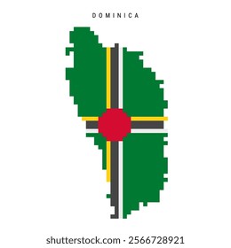Dominica pixel flag map icon. 8 bit pixel art Dominican map covered with flag. Flat vector illustration isolated on white background.