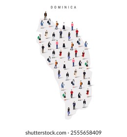 Dominica population map. Large group of realistic a diverse crowd of people figures in a shape of Dominican map. Flat vector illustration isolated on white.