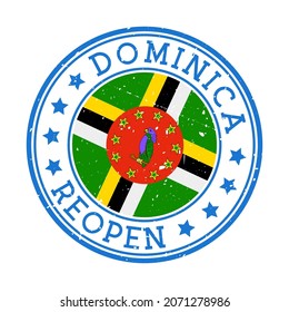 Dominica Reopening Stamp. Round badge of country with flag of Dominica. Reopening after lock-down sign. Vector illustration.