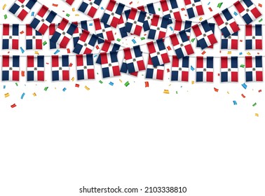 Dominica Republic flag garland white background with confetti, Hang bunting for Dominica Republic Independence Day celebration template banner, Vector illustration