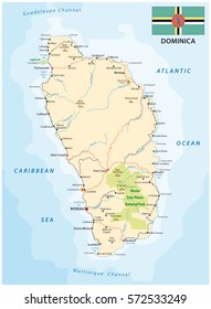 dominica road vector map with flag, Lesser Antilles
