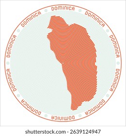 Dominica round logo design. Country shape built of rings. Dominica text around the country. Vector illustration.