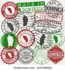 Dominica Set of Stamps. Travel Passport Stamps. Made In Product. Design Seals in Old Style Insignia. Icon Clip Art Vector Collection. 