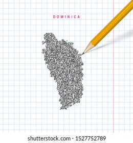 Dominica sketch scribble map drawn on checkered school notebook paper background. Hand drawn vector map of Dominica. Realistic 3D pencil.