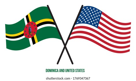 Dominica and United States Flags Crossed And Waving Flat Style. Official Proportion. Correct Colors.