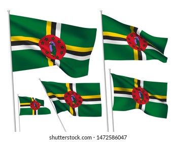 Dominica vector flags set. 5 different wavy fabric 3D flags fluttering on the wind. EPS 8 created using gradient meshes isolated on white background. Five design elements from world collection