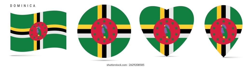 Bandeira de onda Dominica, círculo redondo etiqueta distintivo, ícone em forma de coração, pino do mapa. Botões de bandeira dominicana de diferentes formas. Ilustração vetorial isolada em branco.