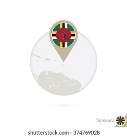 Dominical map and flag in circle. Map of Dominica, Dominica flag pin. Map of Dominica in the style of the globe. Vector Illustration.