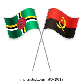 Dominican and Angolan crossed flags. Dominica combined with Angola isolated on white. Language learning, international business or travel concept.