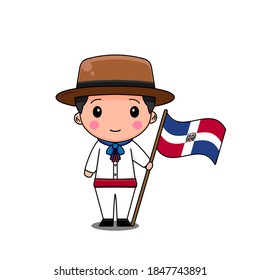 Dominican boy in national dress with flag. Vector illustration of chibi character isolated on white background.