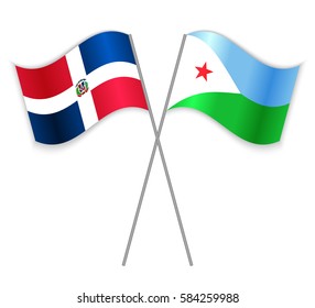 Dominican and Djiboutian crossed flags. Dominican Republic combined with Djibouti isolated on white. Language learning, international business or travel concept.