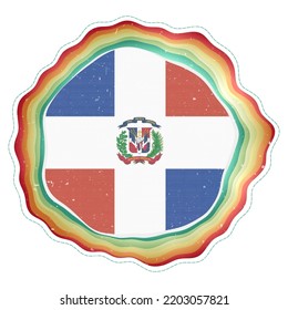 Dominican flag in frame. Badge of the country. Layered circular sign around Dominican flag. Vibrant vector illustration.