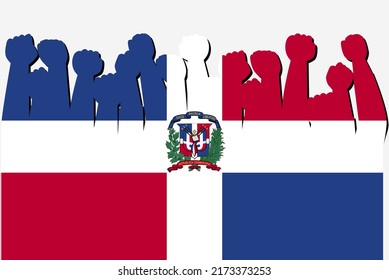 Dominikanische Flagge mit erhöhter Protesthand, Vektorgrafik, Logo der Flagge, dominikanisches Protestkonzept, flaches Design gegen Idee