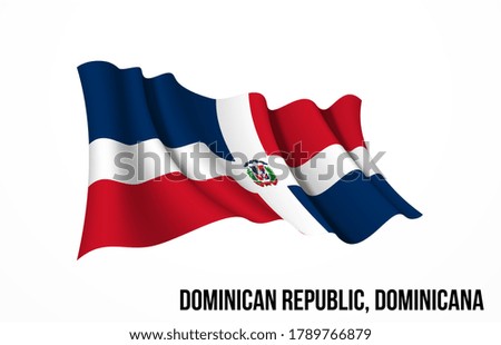 Dominican flag state symbol isolated on background national banner. Greeting card National Independence Day of the Dominican Republic. Illustration banner with realistic state flag.