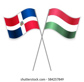 Dominican and Hungarian crossed flags. Dominican Republic combined with Hungary isolated on white. Language learning, international business or travel concept.