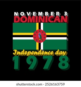Dia da Independência Dominicana comemorar em 3 de novembro. Bandeira Dominica com texto colorido em negrito isolado no plano de fundo preto. Evento do dia da independência