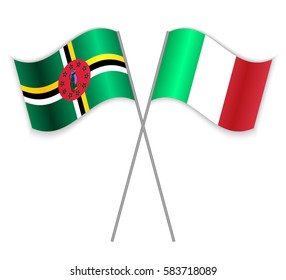 Dominican and Italian crossed flags. Dominica combined with Italy isolated on white. Language learning, international business or travel concept.