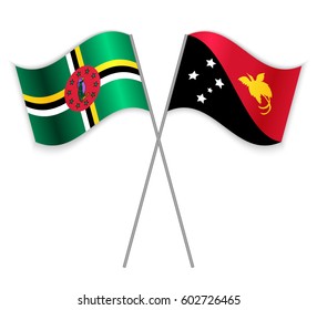 Dominican and Papuan crossed flags. Dominica combined with Papua New Guinea isolated on white. Language learning, international business or travel concept.