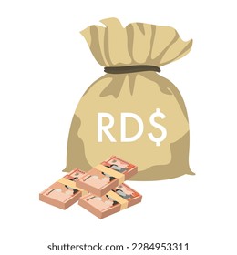 Dominican Peso Vector Illustration. Dominican Republic money set bundle banknotes. Money bag 100 DOP. Flat style. Isolated on white background. Simple minimal design.