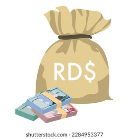 Dominican Peso Vector Illustration. Dominican Republic money set bundle banknotes. Money bag 500, 1000, 2000 DOP. Flat style. Isolated on white background. Simple minimal design.