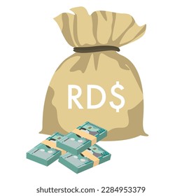 Dominican Peso Vector Illustration. Dominican Republic money set bundle banknotes. Money bag 500 DOP. Flat style. Isolated on white background. Simple minimal design.